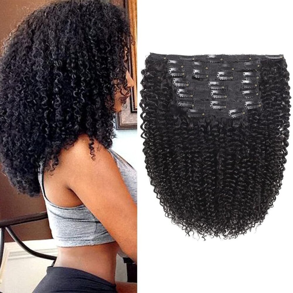Clip In Hair Extensions Human Hair 16 Inch Curly Afro Soft Brazilian for Black W